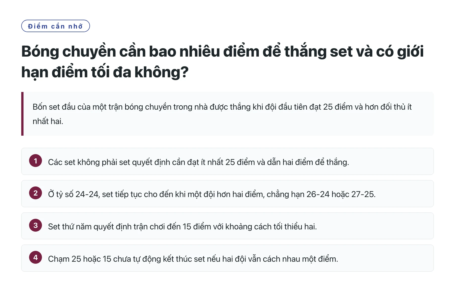 Bóng chuyền cần bao nhiêu điểm để thắng set và có giới hạn điểm tối đa không?——全文要点速览